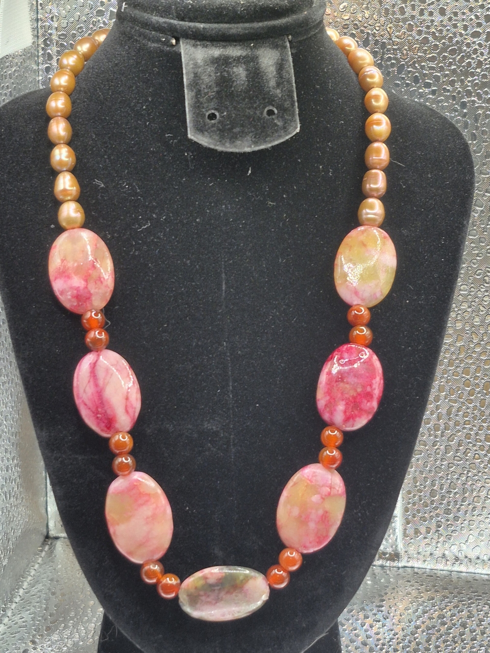 Bold Red Agate And Crazy Lace Jasper With Brown Freshwater Pearls